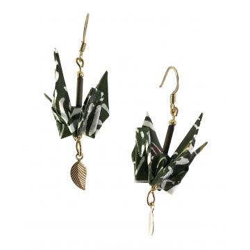 Green Floral Origami Inspired Earrings with Gold filled Leaf Charm Dangle