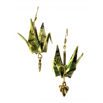 Green Floral Origami Crane Earrings with Leaf Charm Dangles
