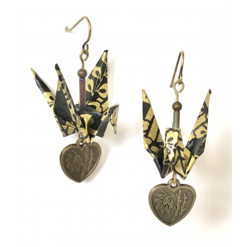 Black and Gold Origami Inspired Earrings with Good Luck Heart Charm Dangle
