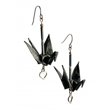 Black and Grey Origami Inspired Earrings with Sterling Silver Heart Dangles