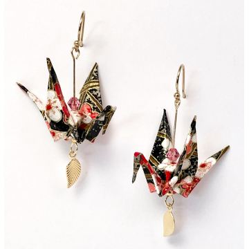 White Pink and Red Blossoms on Black Origami Inspired Earrings with Gold filled Leaf Dangles