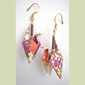 Raspberry Blossoms Crane Earrings - wings down