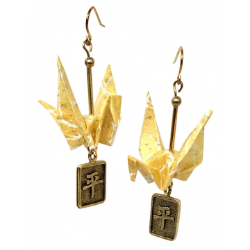 Yellow Origami Inspired Earrings with Peace Charm Dangle