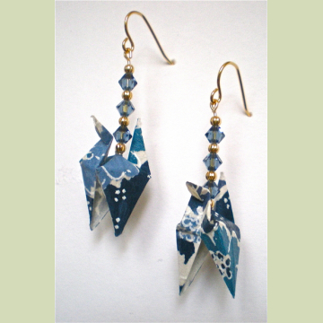 Big Blue Floral Crane Earrings w/ Blue Crystals