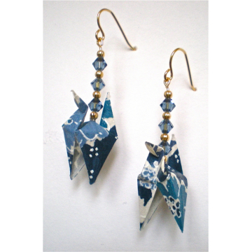Big Blue Floral Crane Earrings w/ Blue Crystals