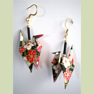 Plum Stars Origami Crane Earrings with wings down