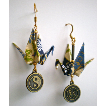Floral Ivory Blue Origami Crane Earrings with Peace & Safety/Yin Yang charm