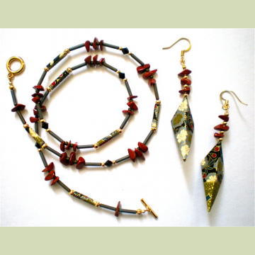 Fans and Blossoms on Black Trifold Earring & Necklace set