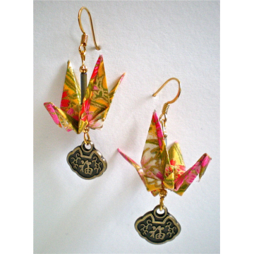 Flowers on Yellow Crane Earrings with Asian Good Luck Charm