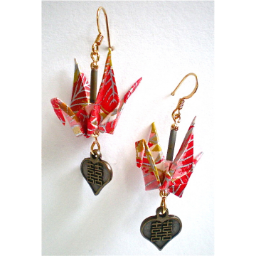Red Silver Floral Origami Crane Earrings with Double Happiness Charm