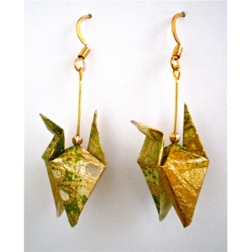Leaves on Ochre Gold Origami Crane Earrings - wings down