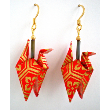 Red Gold Origami Crane Earrings - wings down