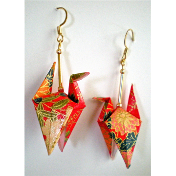 Red Floral Origami Crane Earrings with wings down
