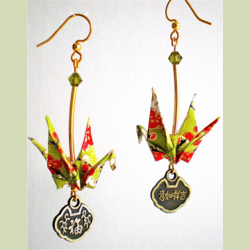 Cherry Blossoms on Green Crane Earrings with Good Luck Asian Charms