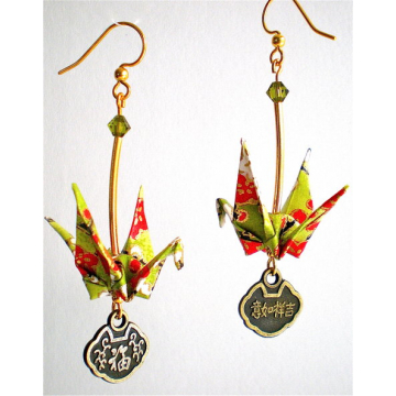 Cherry Blossoms on Green Crane Earrings with Good Luck Asian Charms