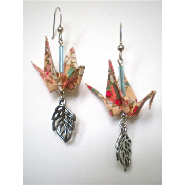 Floral Peach Crane Earrings w/ Silver Open Leaf Dangles