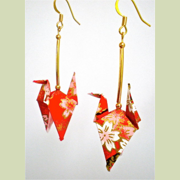 Pink Red White Blossom Crane Earrings - wings down