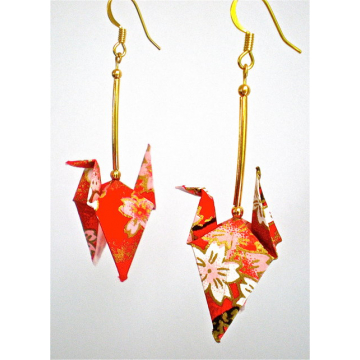 Pink Red White Blossom Crane Earrings - wings down