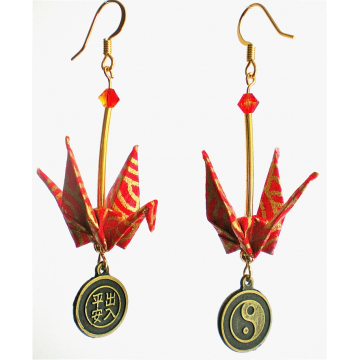 Red Gold Origami Crane Earrings with Peace & Safety Asian Charm