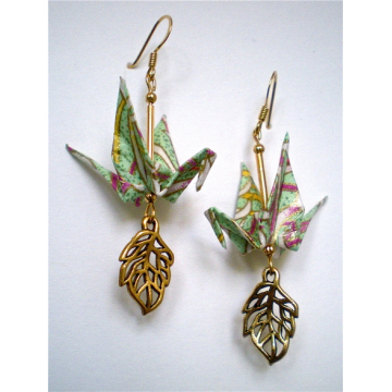 Swirl Green Origami Crane Earrings with Open Leaf Charm