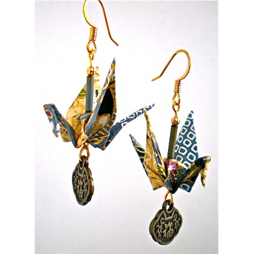 Floral Ivory Blue Origami Crane Earrings with Good Luck Asian Charm