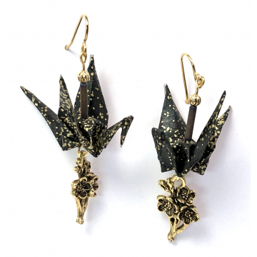 Gold and Black Origami Inspired Earrings with Japanese Sakura Charm Dangles