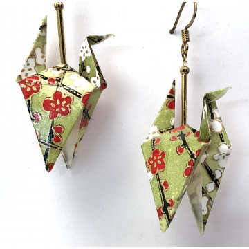 Red Blossoms on Green Origami Earrings